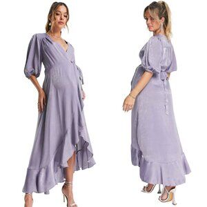 Flounce London Maternity Satin Puff Sleeve Wrap Maxi Dress Women's 12 Purple NWT